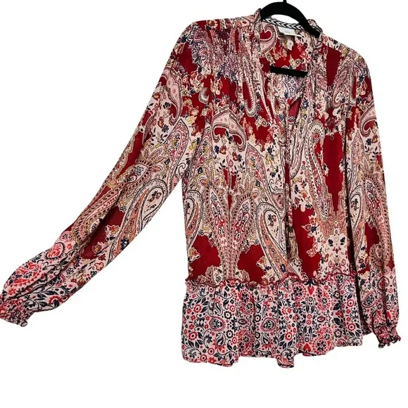 Knox Rose Boho Peasant Blouse Red Paisley Ruffle Hem Long Sleeve Top Sz Medium - Picture 2 of 9